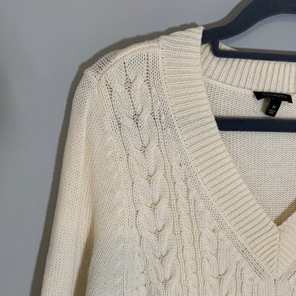 Talbots Cable Knit Sweater Women Medium Ivory V-Neck Lambswool Blend - Picture 3 of 10